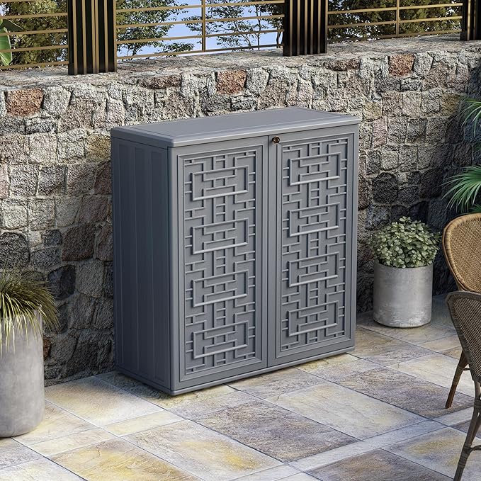 Indoor Outdoor Storage Cabinet Waterproof with Shelf,Plastic Storage Sheds Ou...