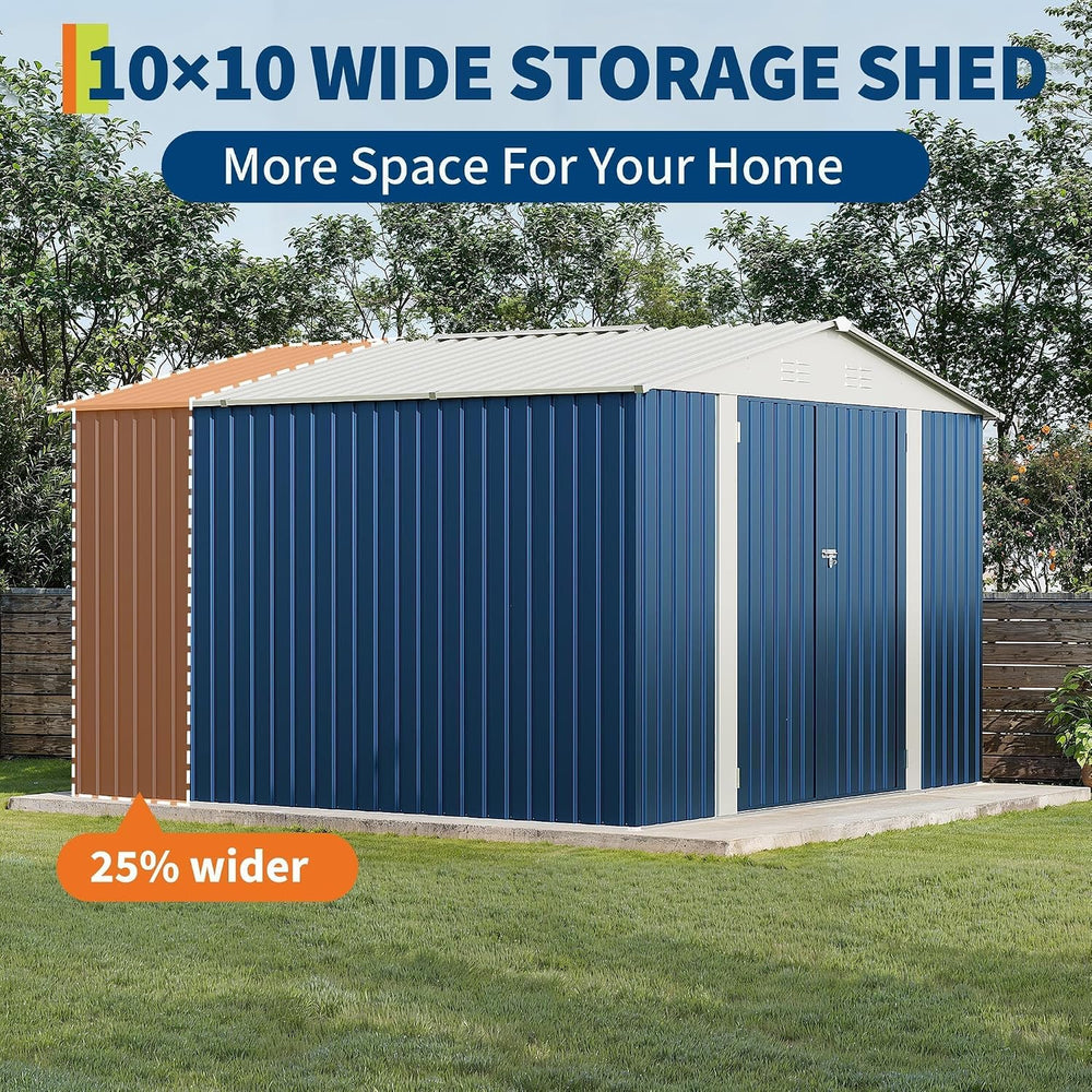 Garvee 10x10 FT Metal Storage Shed – Lockable Doors, Floor Frame, Blue