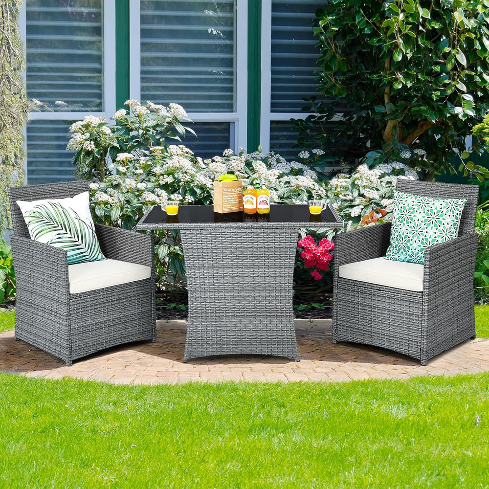 Tangkula 3 Pieces Patio Dining Set, Patiojoy Space-Saving PE Rattan Bistro Se...