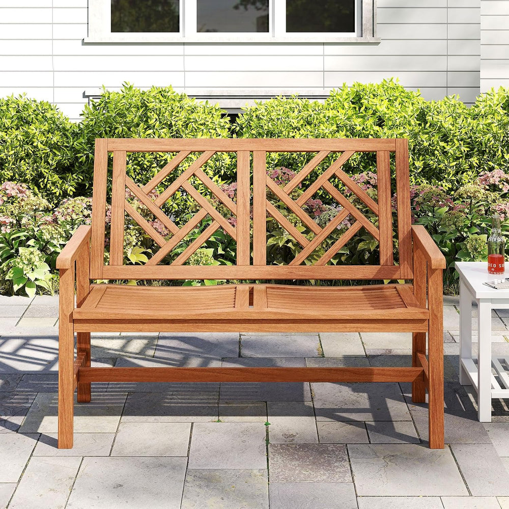 Tangkula Outdoor Wood Bench, 2-Person Patio Loveseat Chair with Geometric Bac...