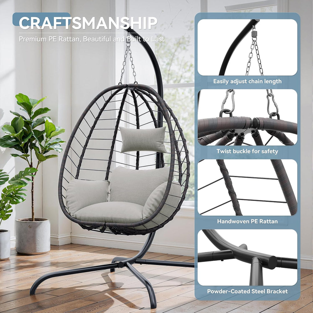 Foldable Egg Chair with Stand, 485LBS Capacity Wicker Rattan Hammock Swing Ch...