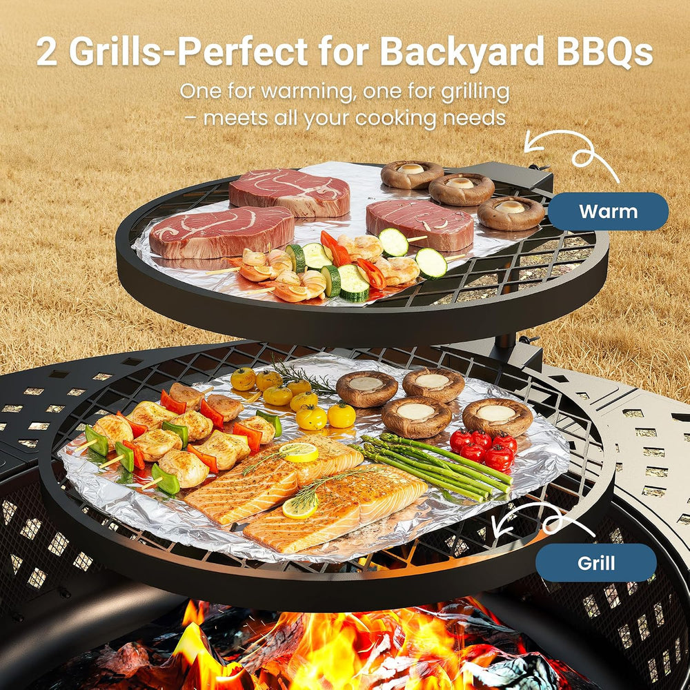 43" Large Fire Pit for Outside with 2 Adjustable Grills,Lid & Fire P...
