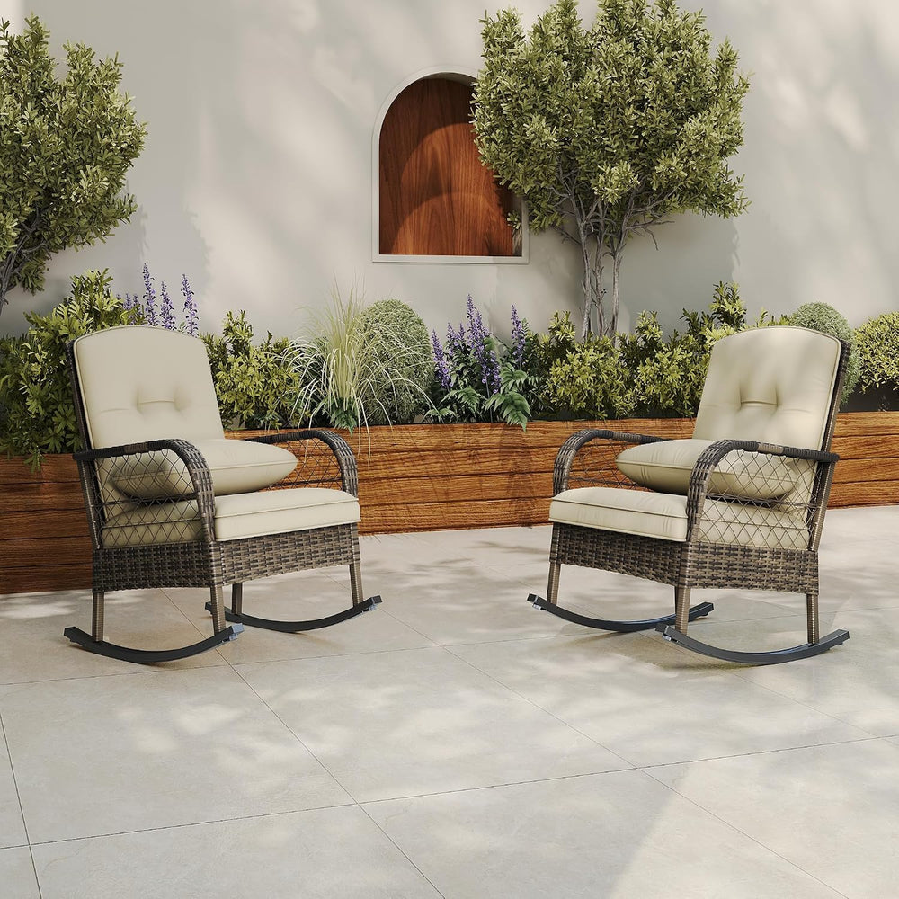 IDEALHOUSE Outdoor Wicker Rocking Chair, Patio Rattan Rocker Chair with Cushi...