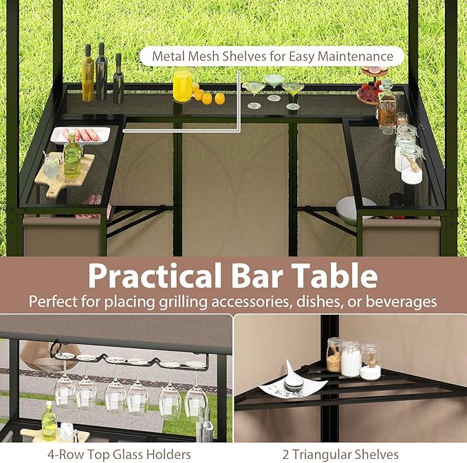 Tangkula 3 Piece Patio Bar Set, Grill Gazebo & 2 Foldable Bar Stools with...