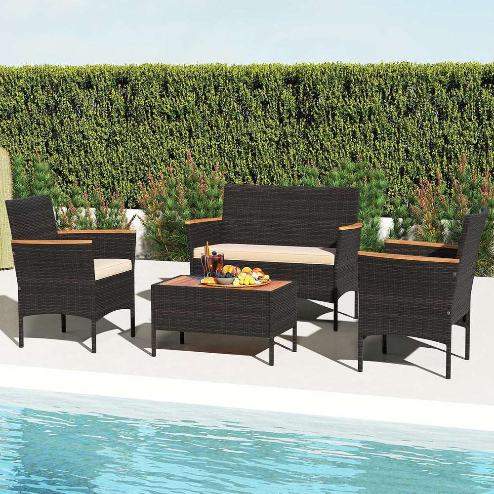 Tangkula 4 Pieces Patio Wicker Sofa Set, 2 Rattan Chairs & Loveseat w/Cof...