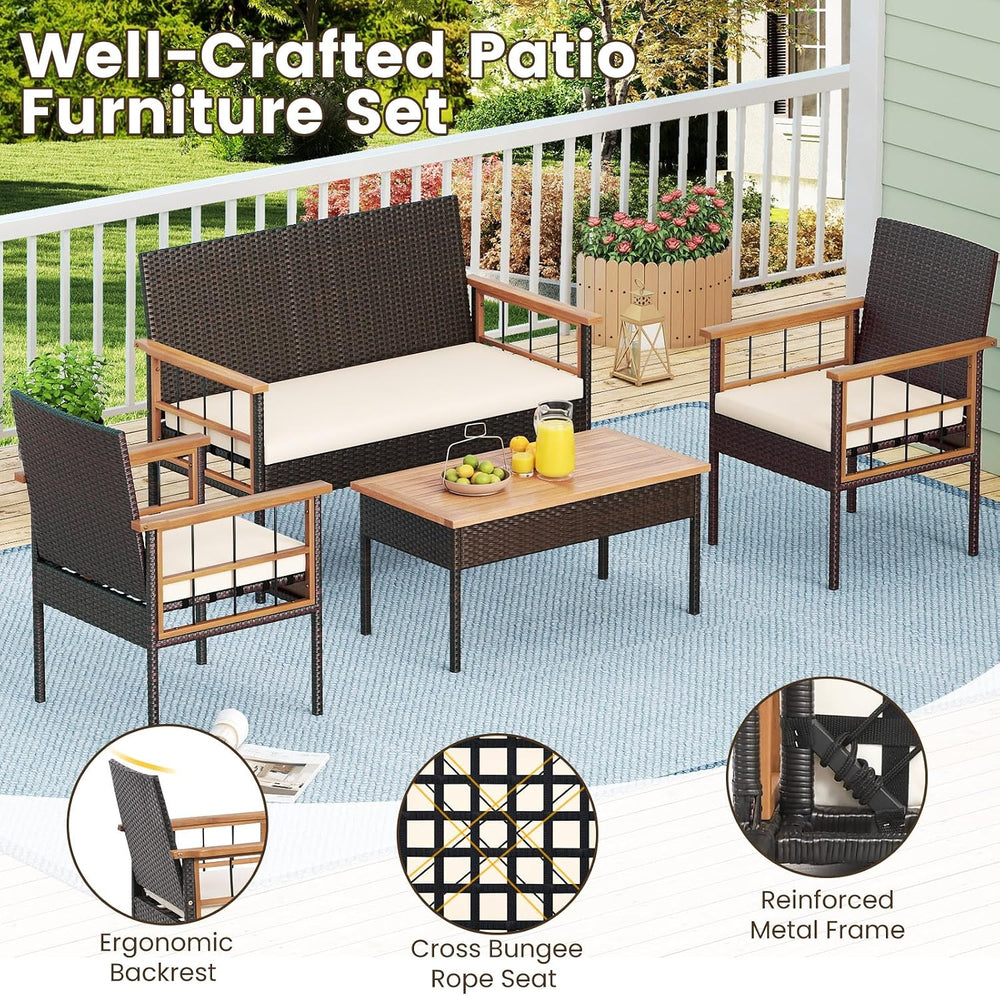 Tangkula 4 Pieces Wicker Patio Conversation Furniture Set, Outdoor Rattan Cus...