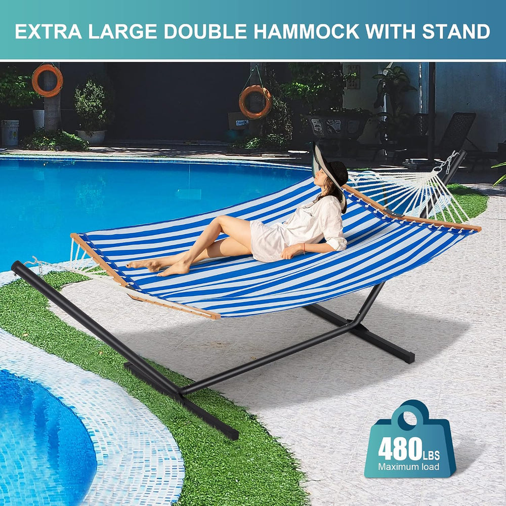 Two Person Hammock with Stand for Outside, Blue White