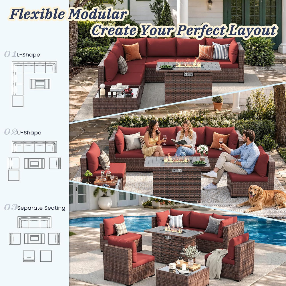 UDPATIO Patio Furniture Set with Fire Pit Table, 8-Piece Wicker Patio Set
