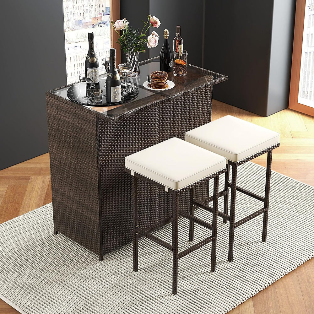 Tangkula Patio Bar Set, 3 Piece Outdoor Rattan Wicker Bar Set with 2 Cushions...