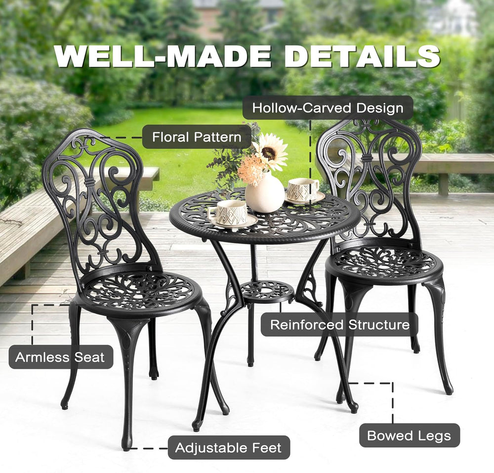 NUU GARDEN 3-Piece Outdoor Bistro Set with 2 Chairs and Round Table with Umbr...