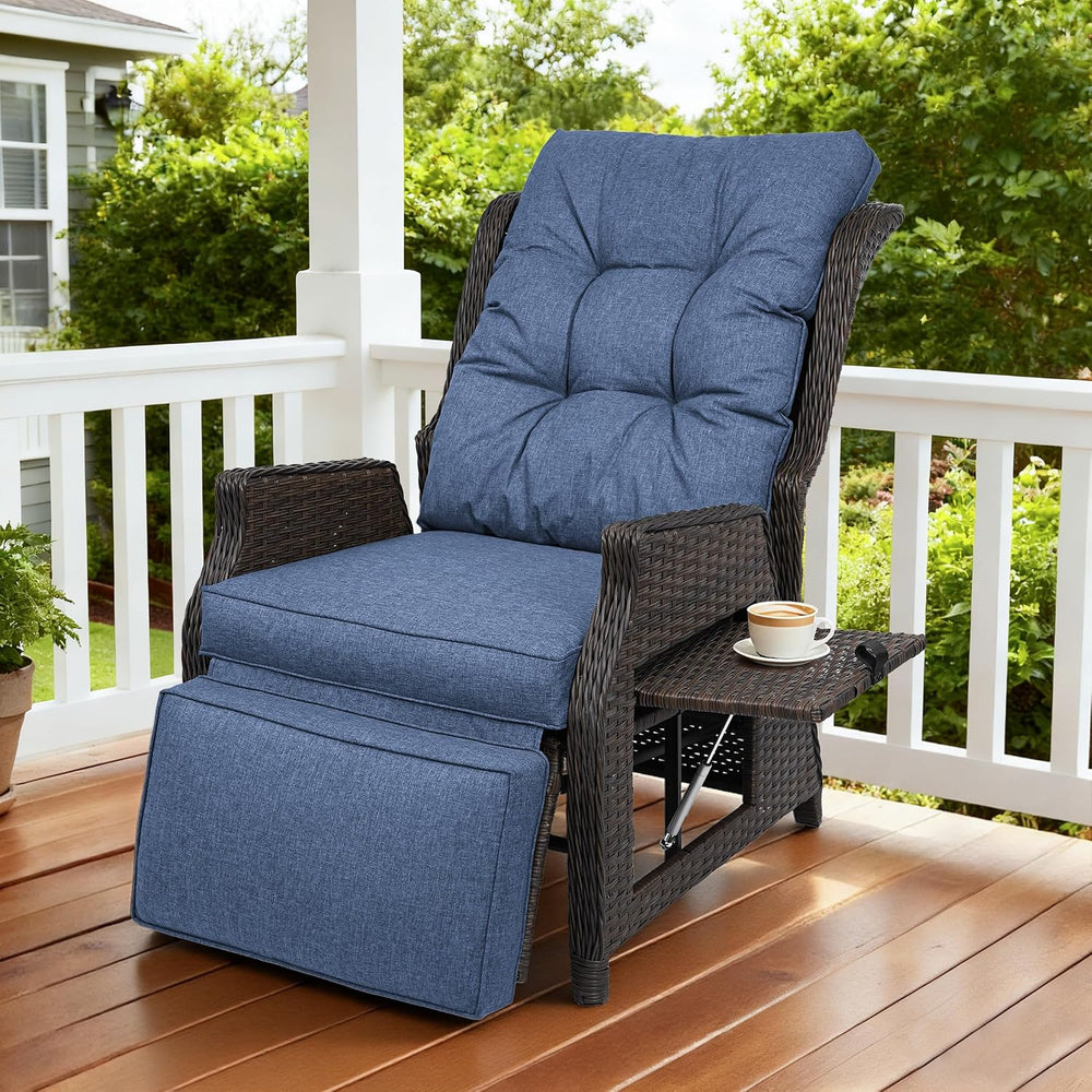 Outdoor Wicker Recliner with Adjustable Back and Footrest,Navy