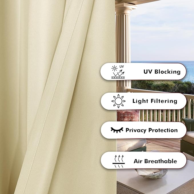 BONZER Waterproof Outdoor Curtains for Patio Porch Pergola Cabana Light Filte...