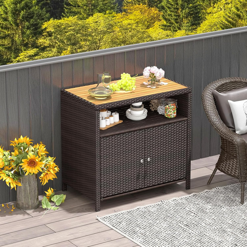 Tangkula Rattan Outdoor Storage Cabinet, Patiojoy Outdoor Cabinet with Acacia...