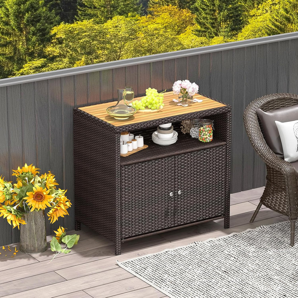 Rattan Storage Cabinet, Outdoor & Indoor Sideboards with Acacia Wood Coun...