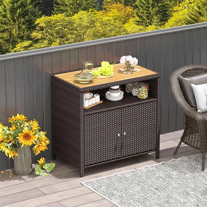 Tangkula Rattan Outdoor Storage Cabinet, Patiojoy Outdoor Cabinet with Acacia...