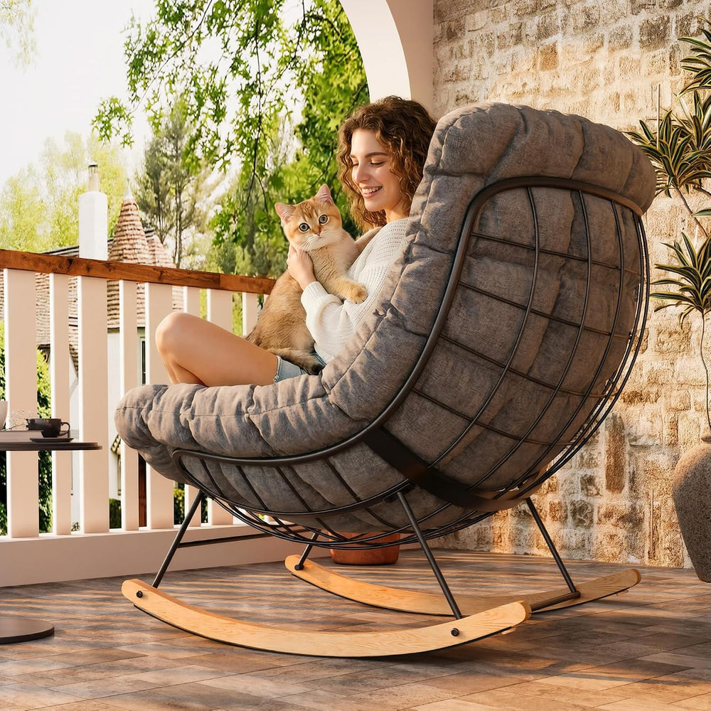 FLEXISPOT Oversized Outdoor Rocking Chair with Thick Cushion, Grey