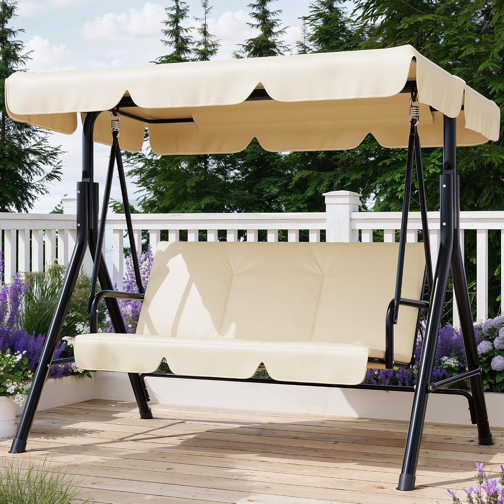 Garvee Outdoor Porch Swing with Adjustable Canopy, 3-Seat Patio Swing Chair w...