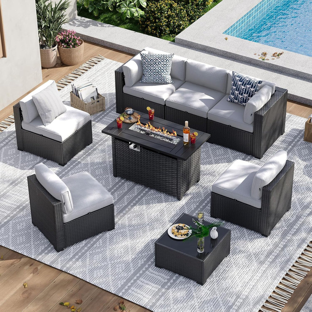 Aoxun 8 Piece Patio Furniture Set with 44” Fire Pit Table, Wicker Rattan Pati...