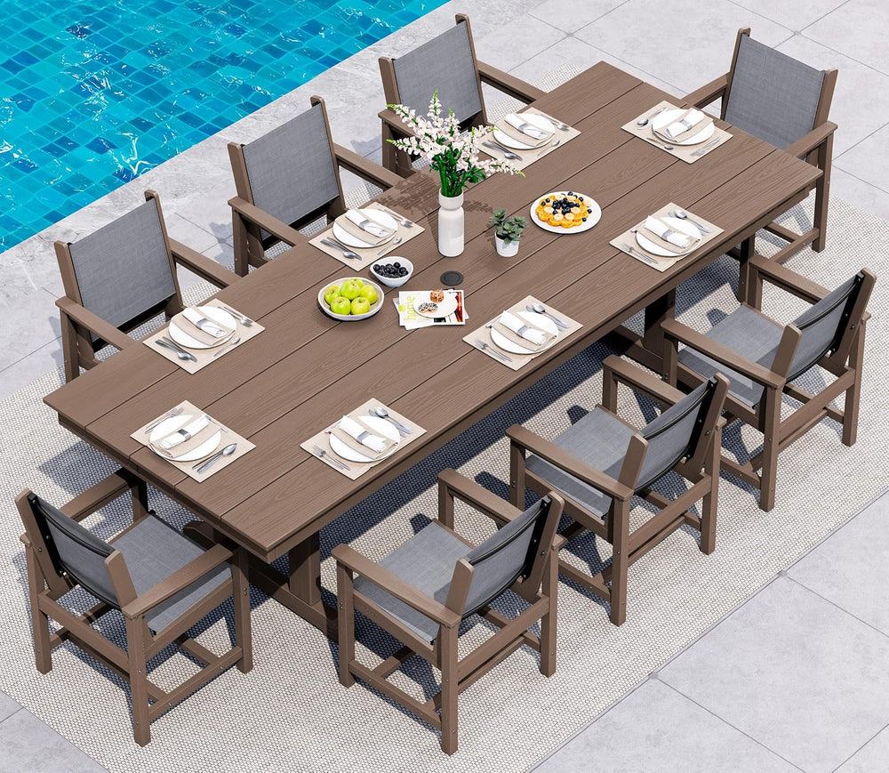 SERWALL 9Pcs HDPE Outdoor Dining Set for 8 with Sling Chairs, Brown