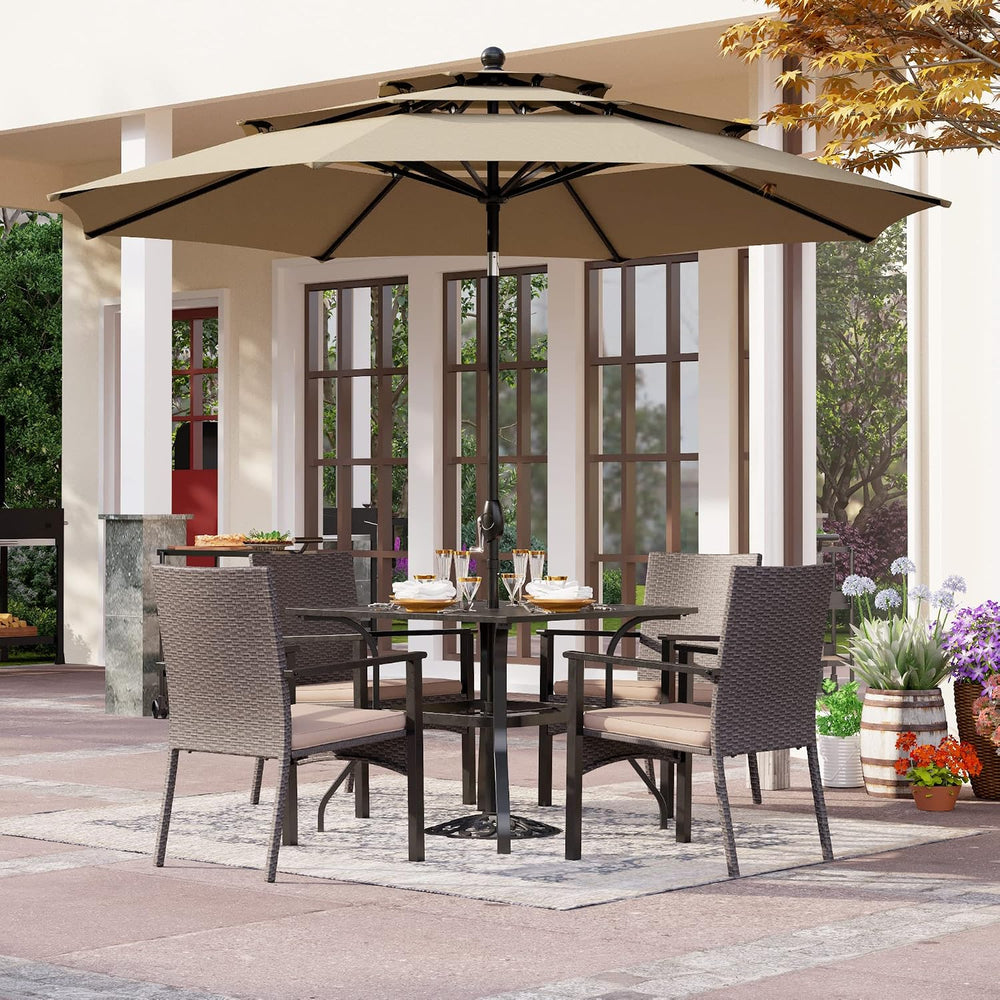 PHI VILLA 5pc Patio Dining Set with Umbrella, Square Table, Rattan Chairs