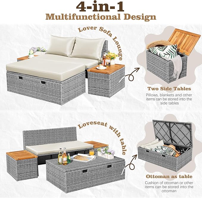Flamaker Outdoor Rattan Daybed with 2 Side Tables, Multifunctional Wicker Pat...