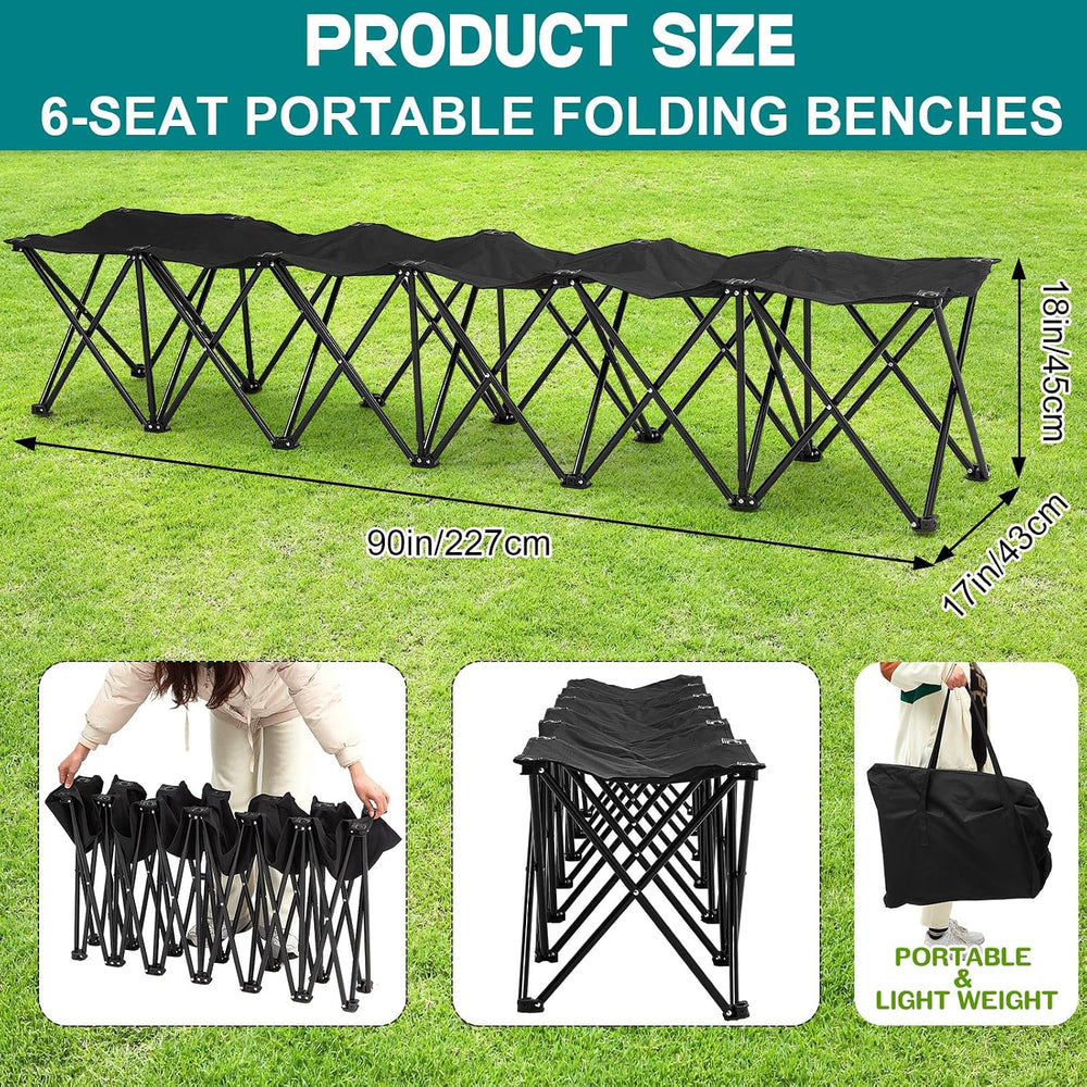 GlikCeil 6 Seats Black Folding Soccer Team Bench Portable Seat for Sports