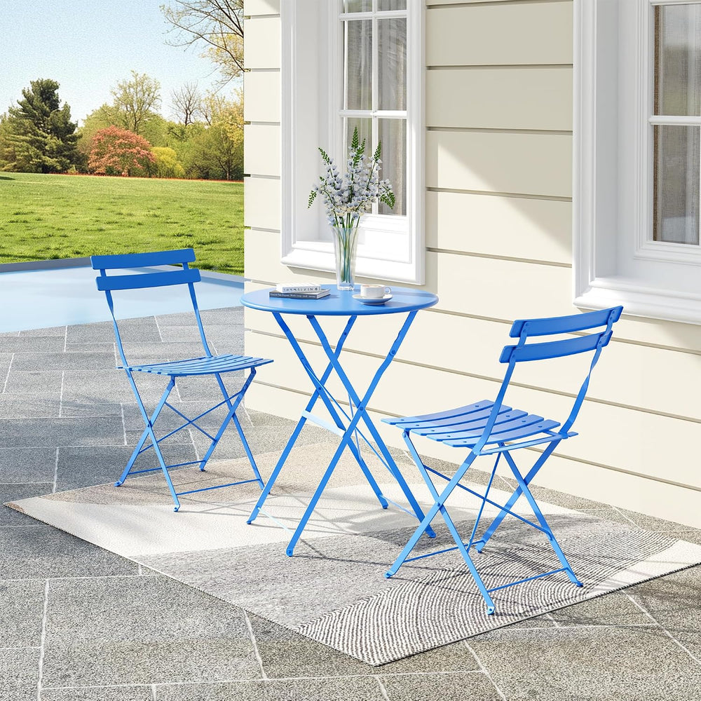 Bistro Table and Chairs Set of 2, 3 Piece Folding Patio Bistro Set, Blue