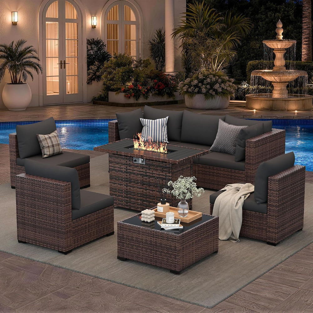 UDPATIO Patio Furniture Set with Fire Pit Table, 8-Piece Wicker Patio Set