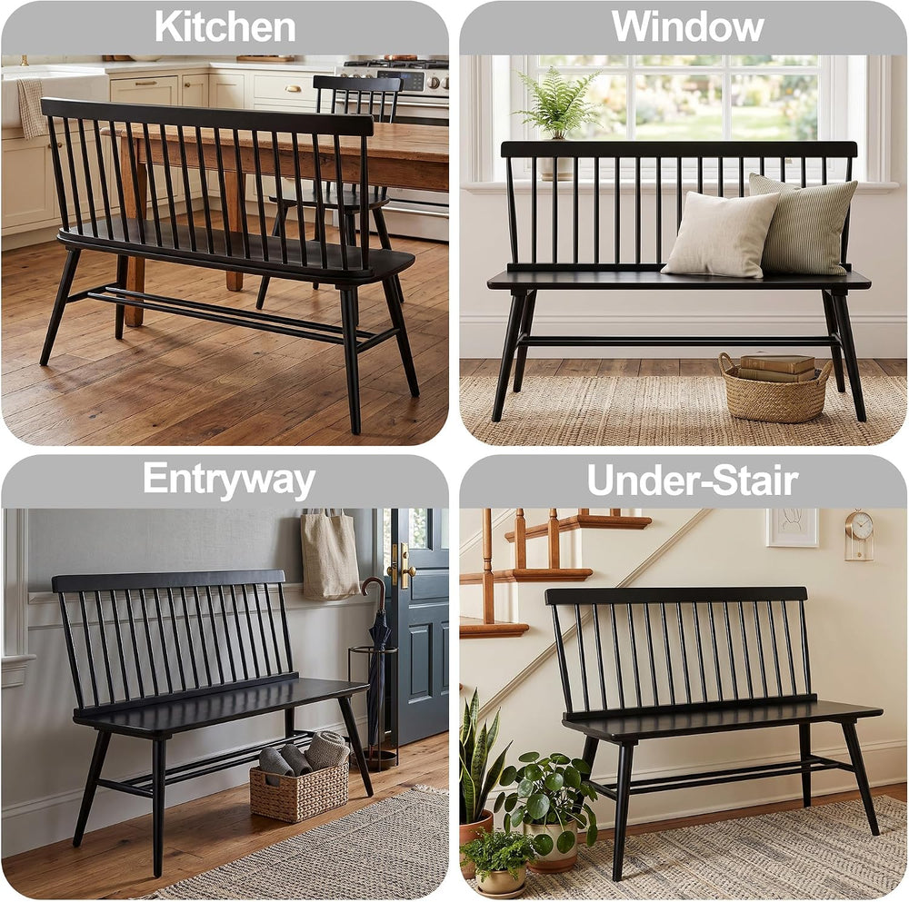 DUHOME Entryway Bench, Black Dining Bench with Spindle Back