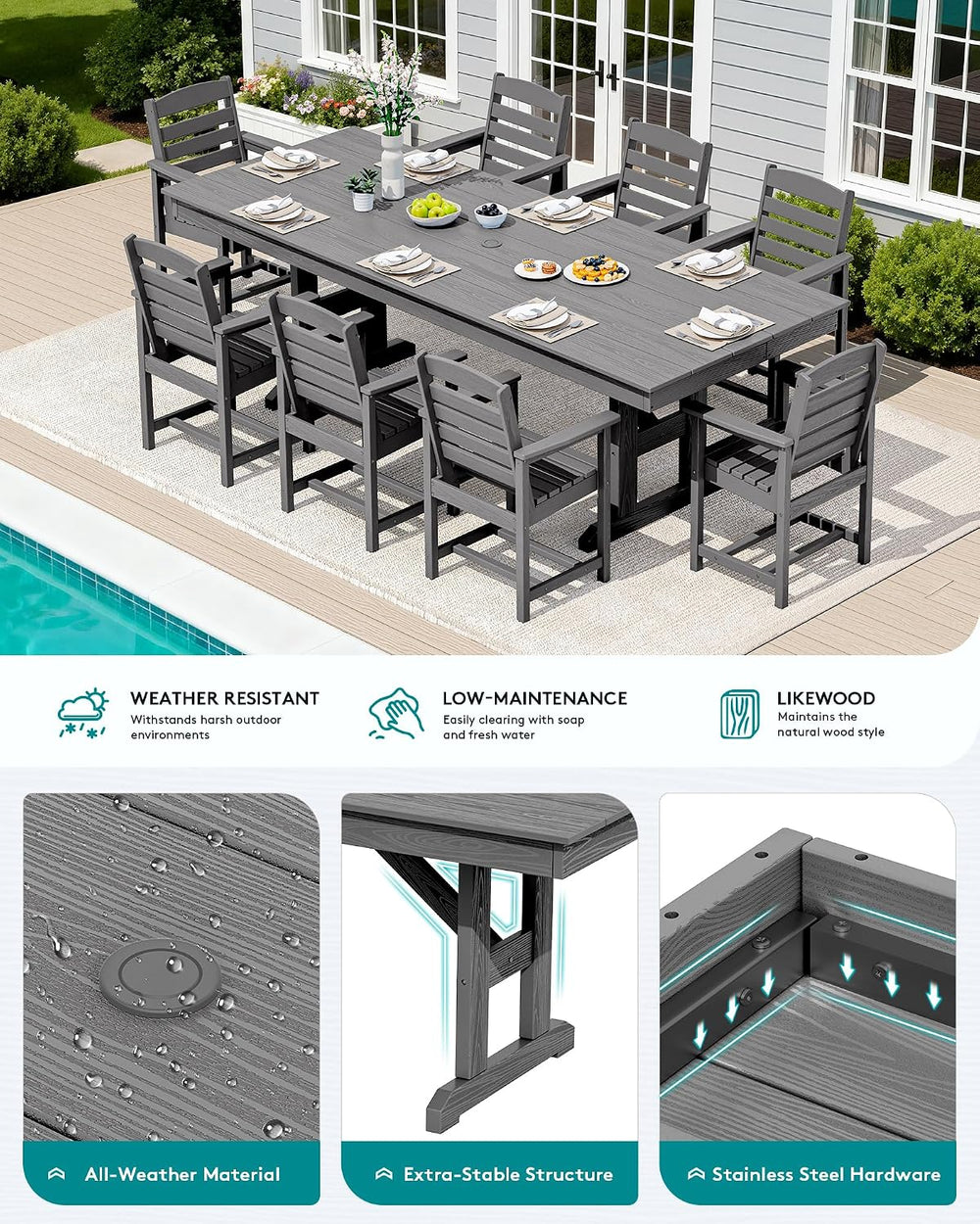 SERWALL 10Pcs 84" HDPE Outdoor Dining Set w/Armchairs & Umbrella,Gray