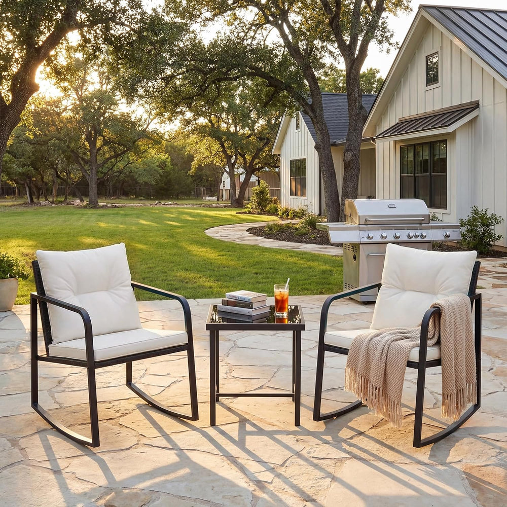 Flamaker Patio Chairs 3 Piece Wicker Rocking Chair Bistro Sets, White