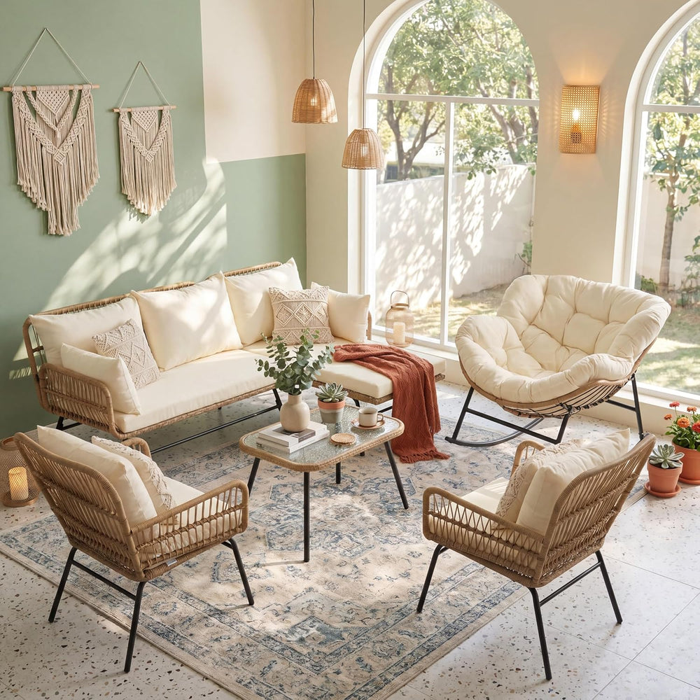 RADIATA 6 Pcs Boho Outdoor Sectional Sofa Set, Beige Outdoor Seating