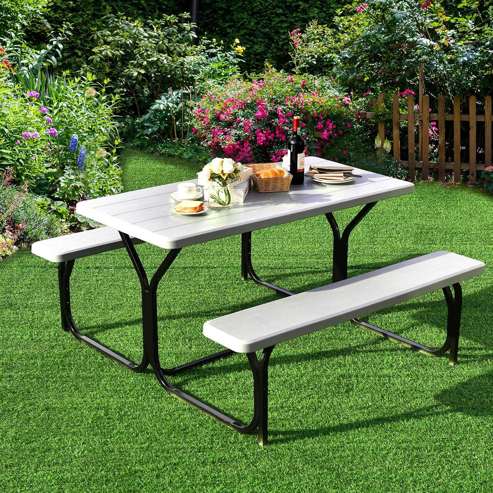 GYMAX Picnic Table, Picnic Bench Easy to Assemble w/All Weather Wood Grain Ta...
