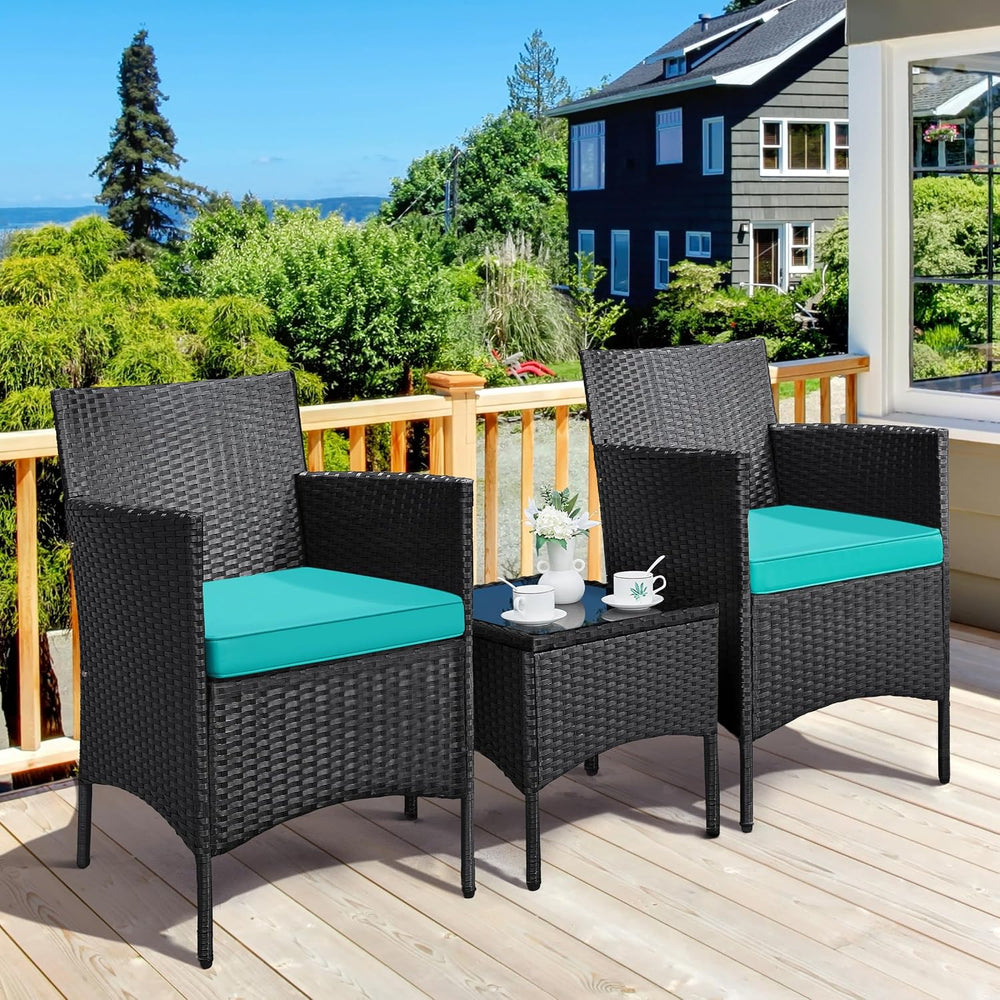 Yaheetech 3 Pieces Patio Conversation Set, Chairs & Side Table, Black/Cyan