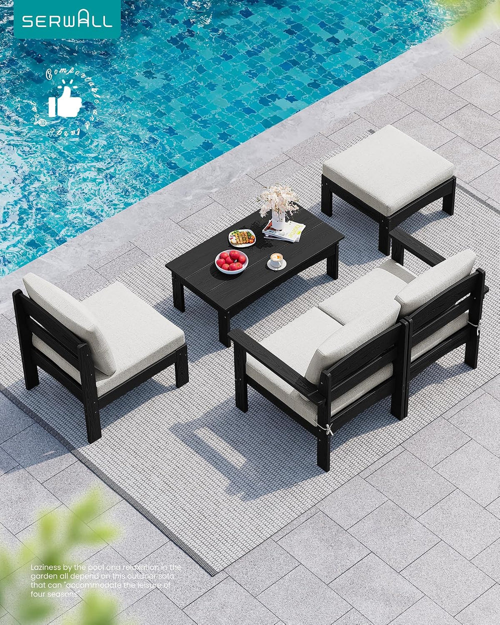 SERWALL 5 Piece HDPE Patio Sofas Set with Ottoman and Coffee Table, Black