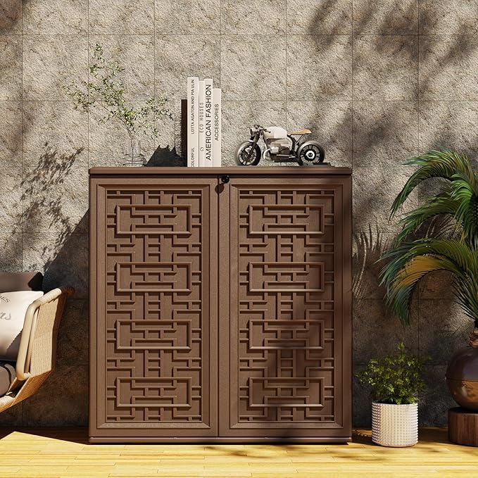 Indoor Outdoor Storage Cabinet Waterproof with 1 Shelf, Plastic Outdoor Stora...