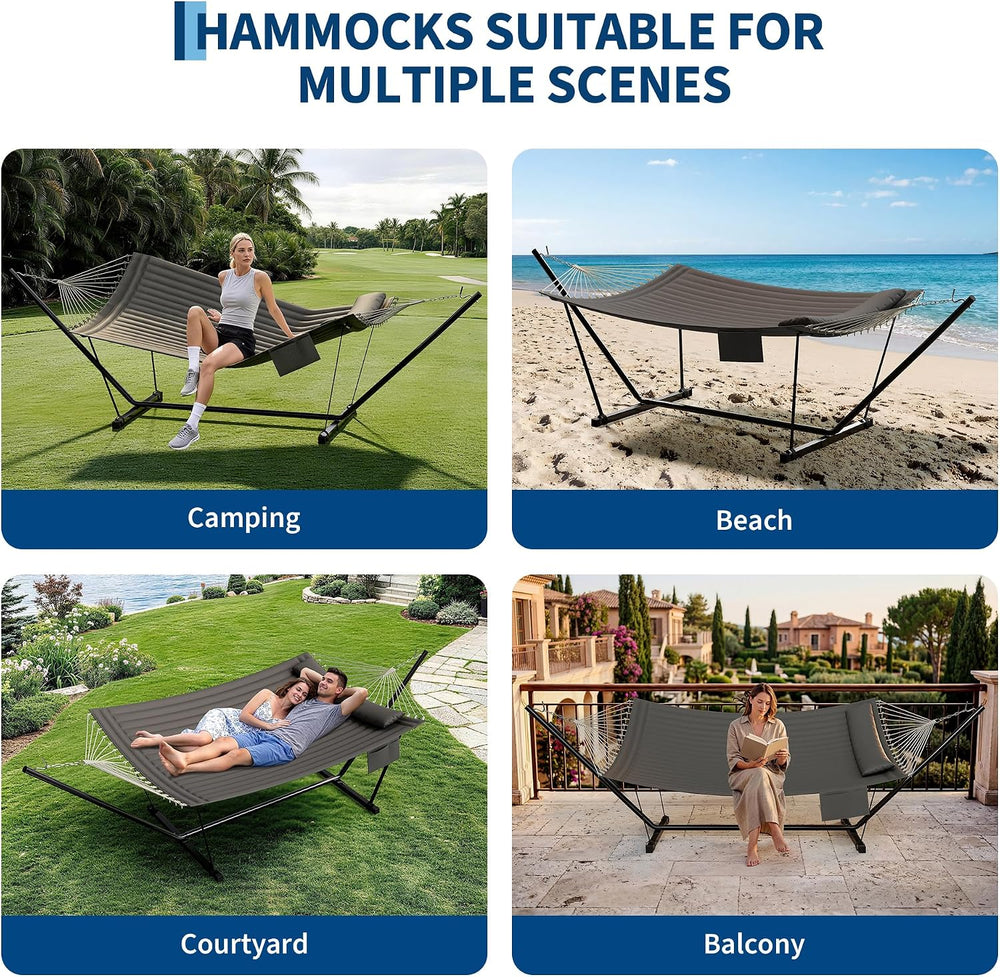 Garvee 2-Person Hammock with Stand for Outside–450lbs, Balance Rope, Pillow