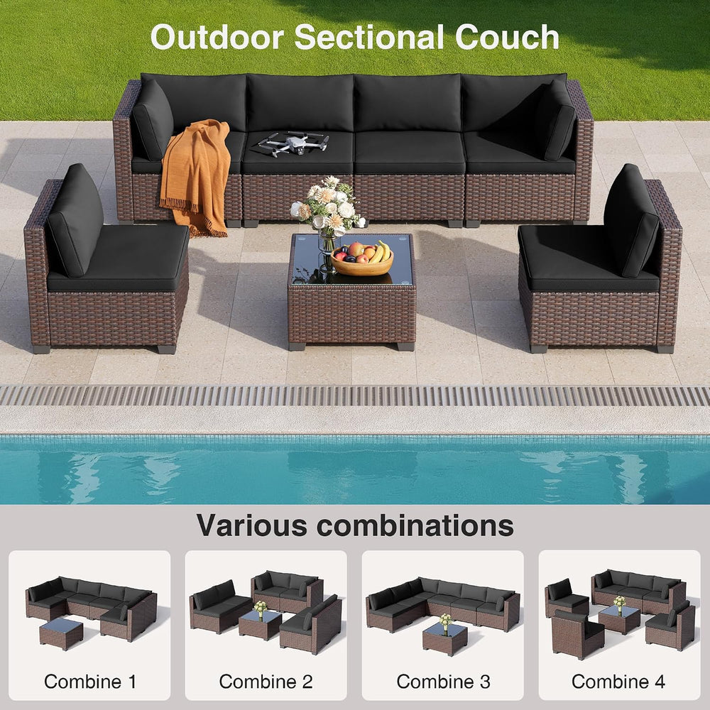 Qsun 7-Piece Patio Furniture Set, Outdoor PE Rattan Sectional Sofa with Cushi...