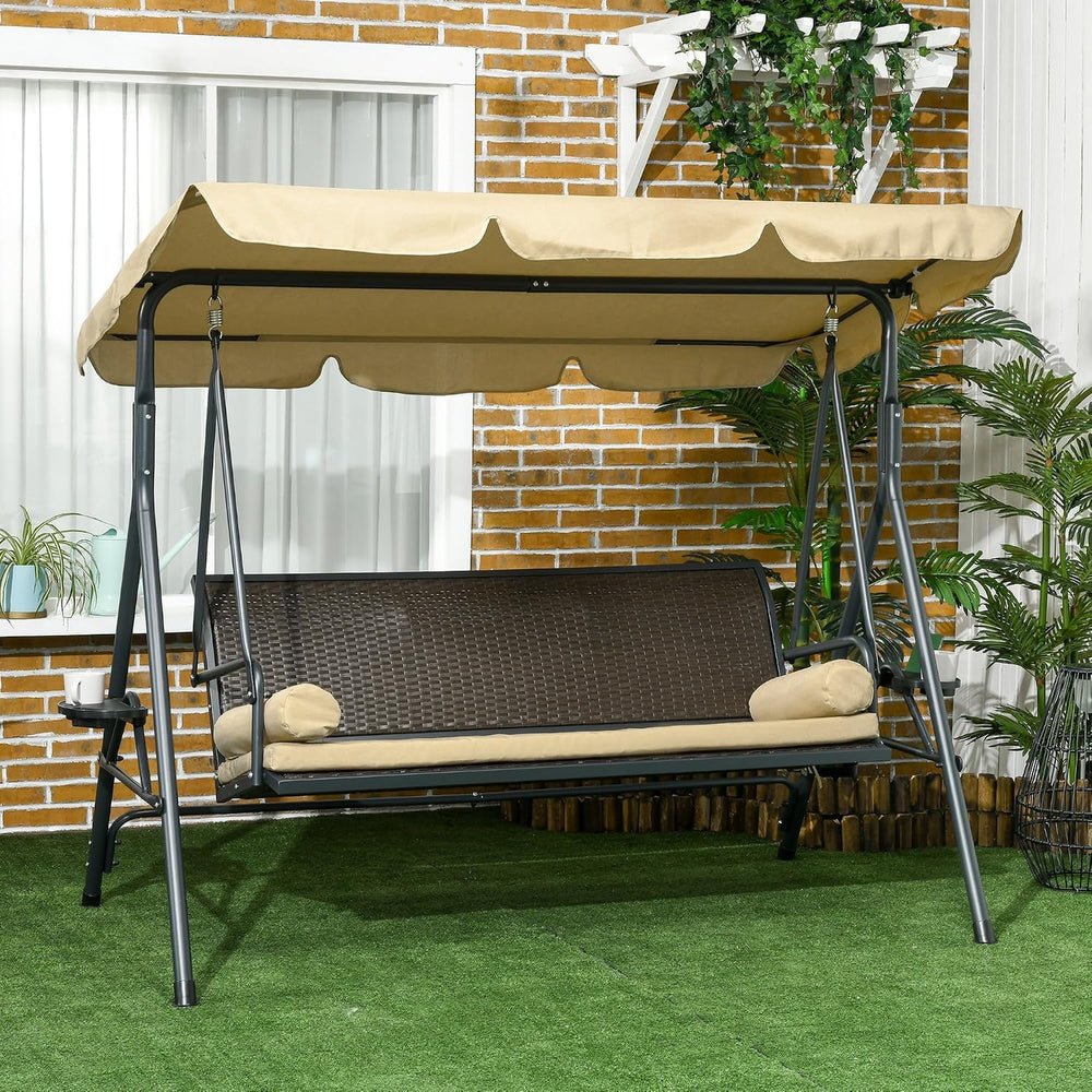 Outsunny 3-Seat Patio Swing Chair Swing Bench Adjustable Shade Rattan Seat