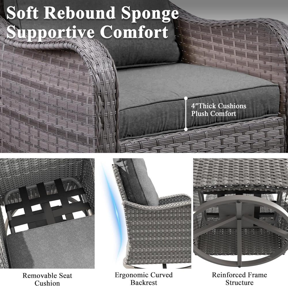3 Piece Patio Furniture Set with Swivel Rocking Chairs, Outdoor Wicker Conver...