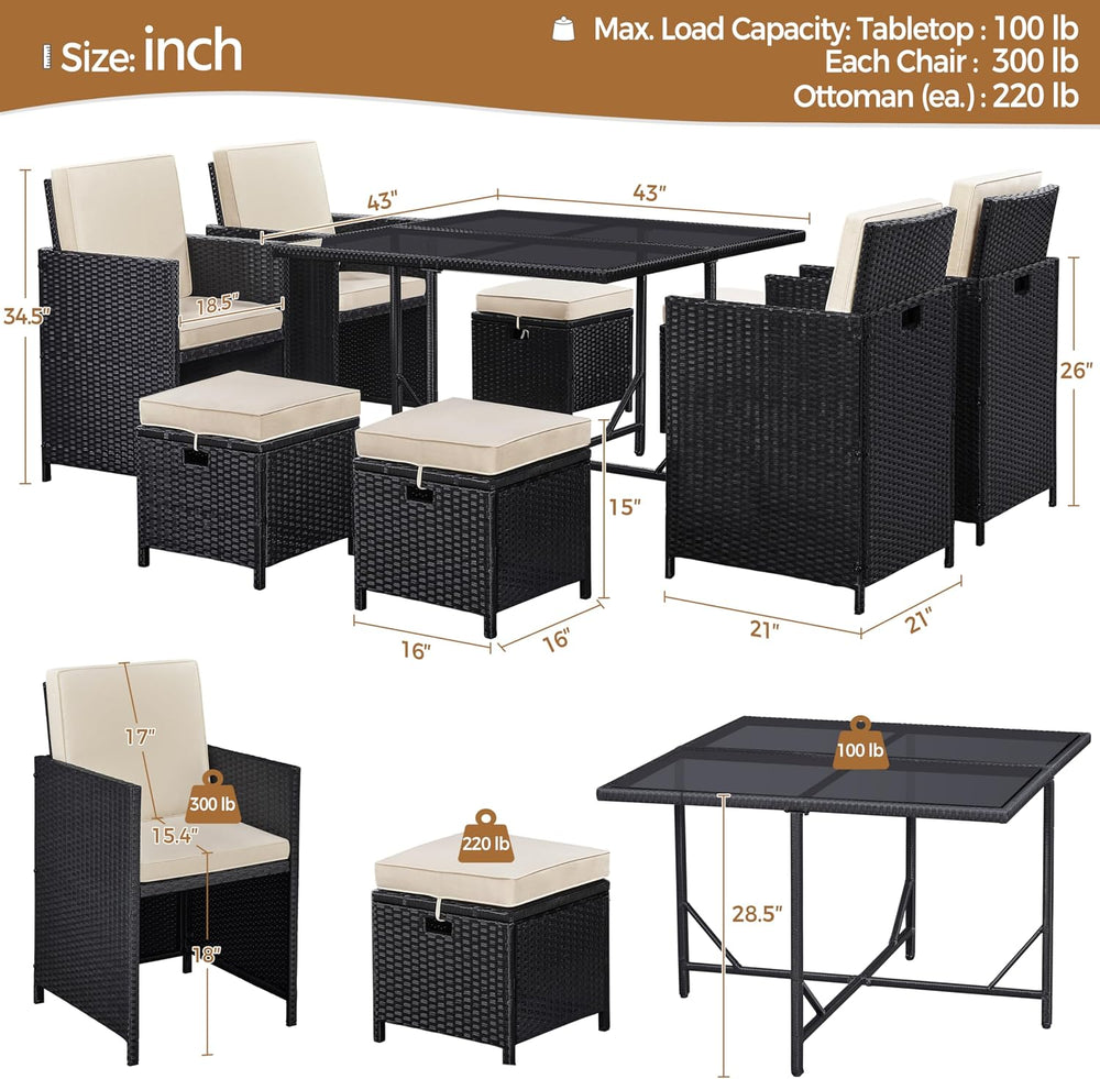 Yaheetech 9 Pcs Patio Dining Sets, Rattan Chairs w/Glass Table Black/Beige