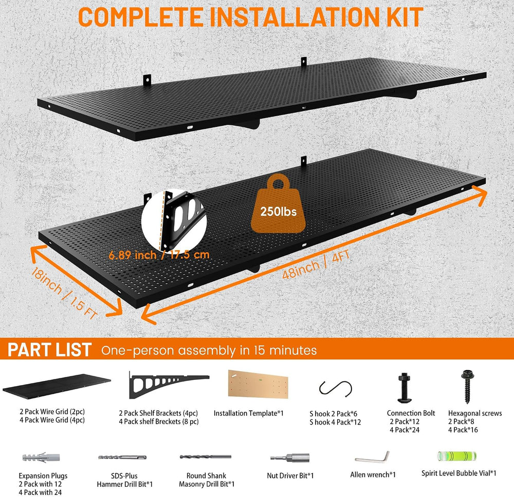 4-Pack 1.5x4ft Wall Storage Shelves, 1000 Lbs Garage Wall Shelf, Heavy Duty F...
