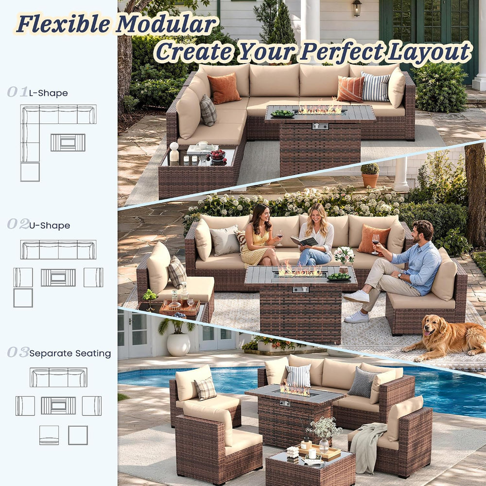 UDPATIO Patio Furniture Set with Fire Pit Table, 8-Piece Wicker Patio Set