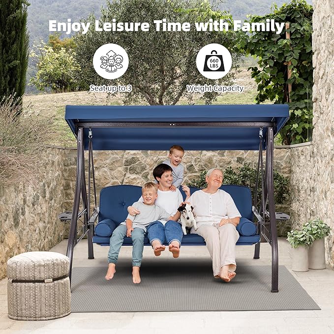 HOMREST 3 Seat Outdoor Porch Swing with 1.5" Deepened Cup Holder, Adjust...