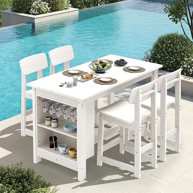 SERWALL Outdoor Bar Table and Chairs Set, 5-Piece HDPE Counter Height Patio D...