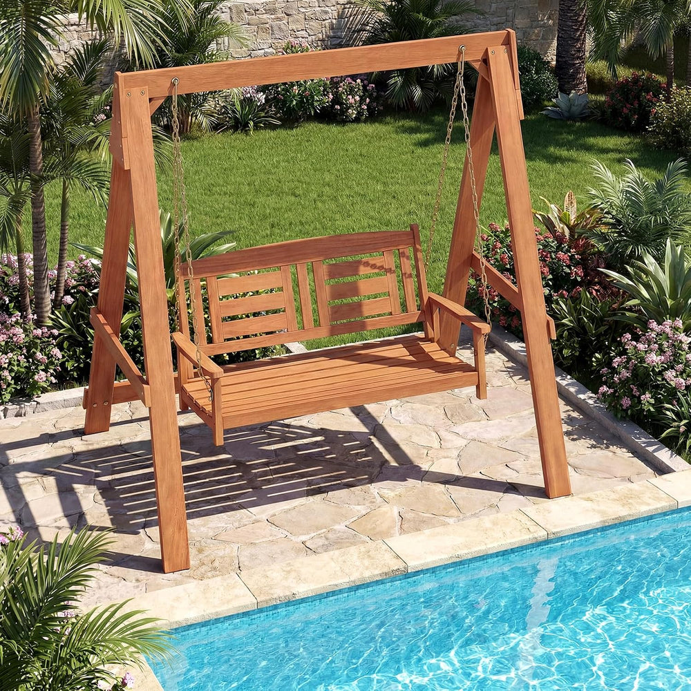 Tangkula 2-Seater Porch Swing with Stand, Wood Patio Swing Loveseat Chair wit...