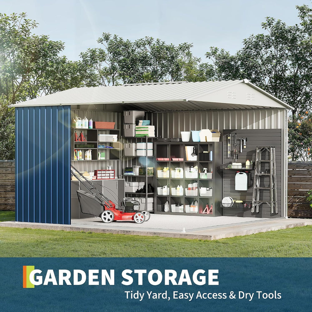 Garvee 10x10 FT Metal Storage Shed – Lockable Doors, Floor Frame, Blue