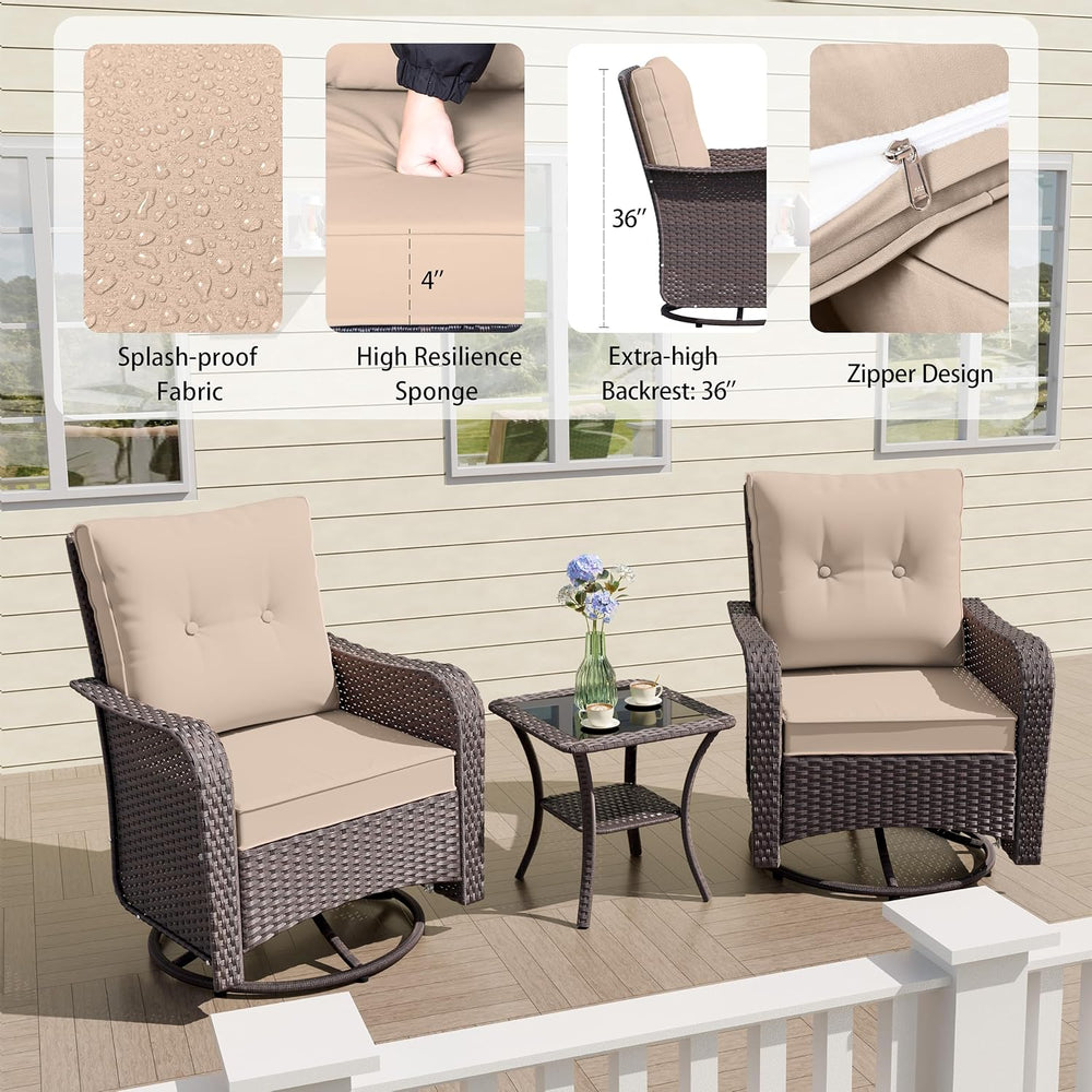 7Pcs Patio Furniture Swivel Chair Set with 55,000 BTU Round Fire Pit-Sand