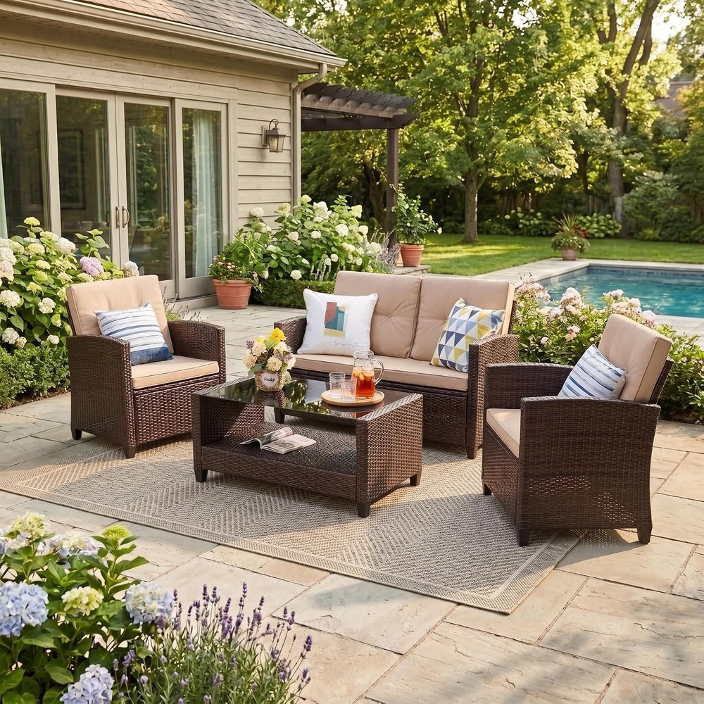 Vongrasig 4 Piece Patio Furniture Set, Wicker Porch Furniture, Beige