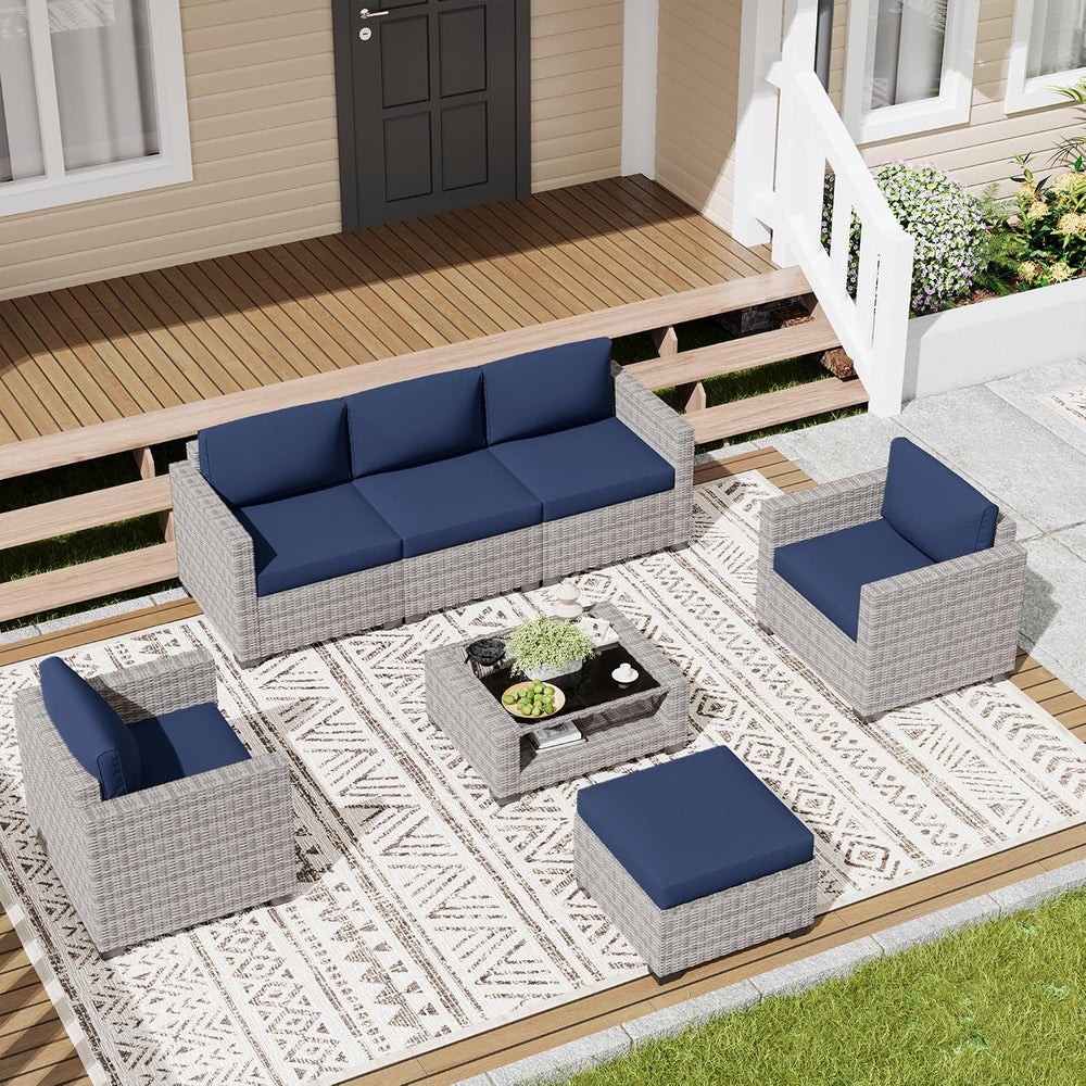 LOUVIXA 7 Piece Outdoor Patio Furniture Set, Rattan Chairs Glass Table Wicker...